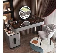 Dimmable Light Vanity Makeup Table with Mirror Wooden Dressing Cabinet Spacious Drawers Comfortable Footstool Elegant Dressing Station for Home Use