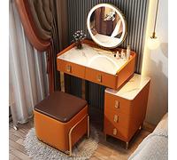 Dimmable Lighted Vanity Table Set with 3 Colors, 4-5 Drawer Dressing Table & Square/Round Stool, Makeup Station for Bedroom, Stylish Orange Design, 70cm