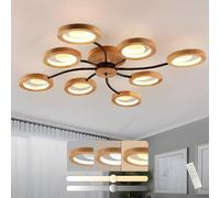 Dimmable Modern LED Ceiling Lamp Ø114cm Black Arm & 8 Wooden Rings Remote Control 3000K-6000K Stylish Chandelier for Living Room Bedroom Dining Office