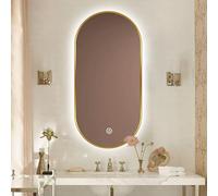 Dimmable Oval LED Bathroom Mirror 50x90cm Anti-Fog Smart Touch Switch Aluminum Frame 3 Colour Temperature Backlit Stylish Gold Finish