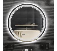 Dimmable Round Makeup Mirror 50cm Frameless Lighted Bathroom Mirror Farmhouse Circle Wall Mirror with Time & Temperature Display Clear Reflective Surface Tri-Color Lighting