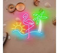 Dimmable Summer Neon Sign Powered by USB,LED Acrylic Pink Flamingo Green Palm Tree Neon Art Light Sea Beach Light up Decor,Personalized Neon Light for Girls Room Sea Hotel Beach Pool Party,20x15In