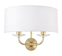 Dimmable Twin Wall Light Brass Glass White Fabric Shade Curved Arm Lamp Fitting