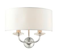 Dimmable Twin Wall Light Nickel & White Fabric Shade Curved Arm Lamp Fitting