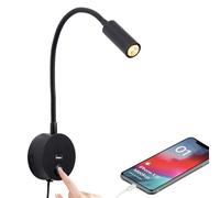 Dimmable Wall Mounted Reading Light with USB Charging Port, Plug-in LED Headboard Reading Light, Bedside Spot Wall Lamps with Flexible Gooseneck, Black Finished