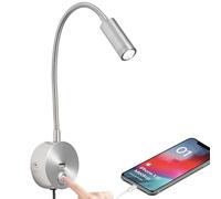 Dimmable Wall Mounted Reading Light with USB Charging Port, Plug-in LED Headboard Reading Light, Bedside Spot Wall Lamps with Flexible Gooseneck, Nickel Finished