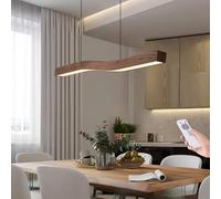 Dimmable Walnut Linear Pendant Light with Remote Control - Adjustable Height Hanging Lamp for Dining Table Kitchen Office - Stylish Wood Chandelier for Modern Interiors