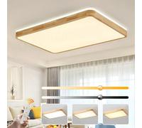 Dimmable Wood LED Ceiling Light 90x65cm 100W 3000 6000K Rectangle Natural Wooden Lamp for Bedroom Living Room Kitchen Office Remote Control 360° Glow