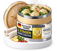 Dimono® Bamboo Steamer 2-Tier with Stainless Steel Lid (Ø 20 cm) | Steamer basket for dumplings, dim sum, vegetables & rice - stainless steel reinforced rims, includes 2 cotton cloths