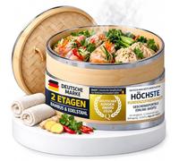 Dimono® Bamboo Steamer 2-Tier with Stainless Steel Lid, 24 cm | Steamer basket for dumplings, dim sum, vegetables & rice - stainless steel reinforced rims, includes 2 cotton cloths