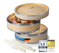 Dimono® Bamboo Steamer with Stainless Steel, 2 Tier Steamer with Lid, Steamer Basket Rice Cooker Bamboo Cooker for Sim Sum Dumplings, Vegetables, Rice, Meat, Fish (Ø 24 cm)