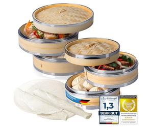 Dimono® Bamboo Steamer with Stainless Steel, 2 Tier Steamer with Lid, Steamer Basket Rice Cooker Bamboo Cooker for Sim Sum Dumplings, Vegetables, Rice, Meat, Fish (2er Set)