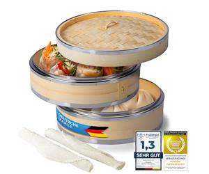 Dimono® Bamboo Steamer with Stainless Steel, 2 Tier Steamer with Lid, Steamer Basket Rice Cooker Bamboo Cooker for Sim Sum Dumplings, Vegetables, Rice, Meat, Fish (Ø 24 cm)