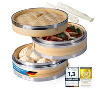 Dimono Bamboo Steamer with Stainless Steel, 2 Tiers Bamboo Steamer with Lid, Steamer Attachment and Steamer Basket for Sim Sum Dumplings, Vegetables, Rice, Meat and Fish (Diameter 20 cm)