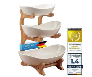 Dimono® Etagere Deluxe serving stand; 3-tier ceramic fruit & vegetable bowl & bamboo stand for desserts, fruit, vegetables, sweets and more. (Ceramic)
