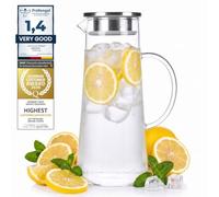 DIMONO® Glass Water Jug 1.5 L with Stainless Steel Filter & Lid | Borosilicate glass carafe with handle - hot & cold drinks, iced tea, infused water, fruit & herbs