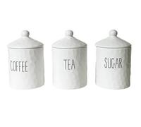 Dimples Canister Set 3 Pieces Ceramic White with Black Writing Coffee Tea Sugar