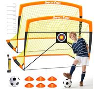 Dimples Excel Pop-Up Football Goal Set - 7x5FT 2 Goals Black & Orange | Foldable Garden Nets with Ball, Pump, Target & Cones | Great Gift for Football Fans