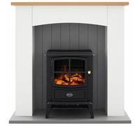 Dimplex Oakmead Optiflame Electric Stove Suite, Black Stove with Logs, Fully Assembled White Surround, Grey Hearth and Wood Mantel, 2KW Heater, Choice of 1000 or 2000W Heat Settings and Remote Control