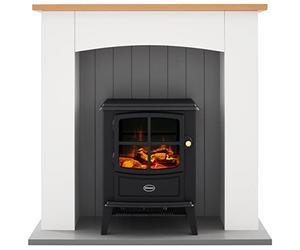 Dimplex Oakmead Optiflame Electric Stove Suite, Black Stove with Logs, Fully Assembled White Surround, Grey Hearth and Wood Mantel, 2KW Heater, Choice of 1000 or 2000W Heat Settings and Remote Control