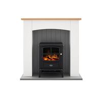 Dimplex Oakmead Optiflame Electric Stove Suite, Black Stove with Logs, Fully Assembled White Surround, Grey Hearth and Wood Mantel, 2KW Heater, Choice of 1000 or 2000W Heat Settings and Remote Control