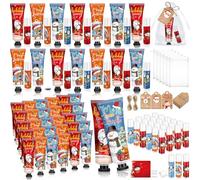 Dimsile 50 Sets 200 Pcs Christmas Hand Cream and Lip Balm Sets Christmas Stocking Stuffers Holiday Treat Gifts Goodie Christmas Party Supplies for Women Lip Care with Organza Bags Tags(Classic Style)