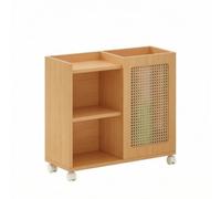DimyFew Sports Gear Organizer With Rattan Decorated Cabinet Door Wooden Frame Rolling Cart Double Sided Design Featuring Open Shelf And Concealed Storage, Wood