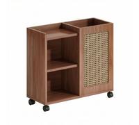 DimyFew Sports Gear Organizer With Rattan Decorated Cabinet Door Wooden Frame Rolling Cart Double Sided Design Featuring Open Shelf And Concealed Storage, Walnut