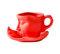 DimyFew Teacup And Saucer, Coffee Cup with Saucer, Interesting with Handle, Coffee Set, Cappuccino Cups, Mug in The Shape of A Human Face, red