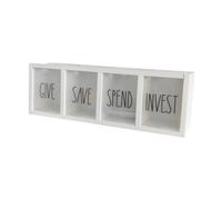 DimyFew Wooden Money Box for Countertop with 4 Compartments, Cash Drawer Savings Organizer, Give/Save/Spend/Invest, Coin Counter Box for Bills and Currency, Ideal for Adults Boys and Girls, White