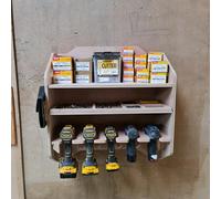 DIN Power Tool Organizer and Drill Bit Storage - Holds Up to 5 Drills - Engineered Wood - Modern Style - Yellow - 23 x 57 x 63 cm - Wall Mount - Workshop, Garage, Van, Shed