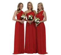 dinavian Women's One-Shoulder Chiffon Evening Party Ball Gown Prom Wedding Bridesmaid Dress-Red-24