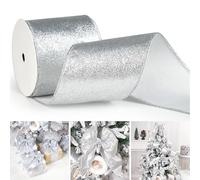DINDOSAL Silver Glitter Wired Ribbon 4 Inch x 10 Yards Wide Metallic Ribbon for Christmas Tree Decorations Wreaths Large Bows Garland Gift Wrapping Wedding New Year Holiday Decor