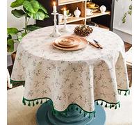 DINGC Round Tablecloth - Floral Print Cotton Linen, Washable Tassel Decor, Wipe Clean for Dining, Living, Picnic - 150cm/59in (Beige, Green Tassel)