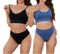 DingCo 2 Pack Bra and Panty Sets for Women, Wireless Ribbed Knit Lingerie Set - Seamless Bra, Ribbed and Basics (2 Pack), Black & Blue, XL