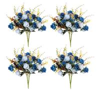 DINGFENG 4 Bundles Artificial Flowers Rose, Artificial Silk Flowers for Graves, Fake Blue Outdoor Flowers,Indoor Faux Flower for Home Wedding Office Table Decoration