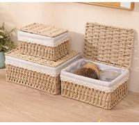 DingGreat 3-Piece Woven Storage Baskets Set with Lids, Wicker Hamper Basket, Natural Paper Rope & Iron Frame, Lidded Organiser Box with Removable Lining for Shelves, Bathroom, Bedroom (S/M/L)