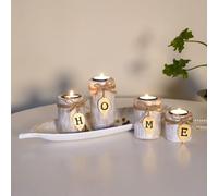 DingGreat Vintage H.O.M.E Letter Engraved Candle Holder Set with Wooden Tray - 4 Leaves Tealight Holders for Home Decor, Wedding Centerpiece, Table Decoration Gift