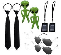 Dinghaole 10Pcs Agent Outfit With Inflatable Green Alien, Black Tie, Sunglasses, Headphones, And ID Card Holder - Suitable For Men And Women's Halloween Role-playing Costumes, Double Costume Accessori