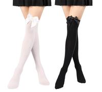dinghaole 2 Pairs Women Bow Lace Thigh High Stockings, White Bow Socks, Thigh High Bow Stockings Womens Black Socks with Bow, for Girls Daily Favors Dress Valentine's Day Halloween Cosplay Part