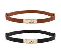 Dinghaole 2 Pcs Women Skinny Leather Belt, Slim Thin Waist Belt Classic Solid Color Alloy Turn Lock, Western Women Skinny Leather Slim Waistband Belt Turn Lock Ladies Adjustable Leather Belt