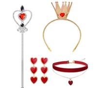 dinghaole 4Pcs Red Queen Women's Clothing And Accessories Set With Golden Crown Headband, Red Heart Earrings, Felt Scarf, And Wand