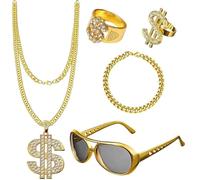 dinghaole 5 Pcs Hip Hop Costume, Rapper Hippie Accessories, 80s/90s Hip Hop Fancy Dress Accessories Adult, Disco Gold Dollar Sign Necklace Bracelet Rings Sunglasses for Hippie