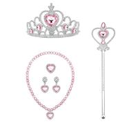 Dinghaole 5Pcs Magic Princess Dress Up Set - Pink Crown Magic Wand Ring Earrings Necklace Accessories - Children's Makeup Ball Role Playing Toy, Suitable For Parties, Gatherings, Various Activities