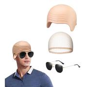 dinghaole Latex Bald Cap, 1 Wrinkle bald Head Cover and 1 Mesh Wig Caps 1 Sunglasses, Cosplay Hat Costume Accessory, bald Skin Bald Head Skull Wig Cap Famous Rapper Cosplay Halloween