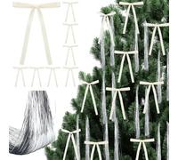 Dingion 100 Pcs Bow Christmas Tree Ornaments Christmas Bow Icicles Tinsel Set with 10000 Strands Silver Icicles Tinsel Xmas Foil Fringe Strands Decor for Holiday Party Wedding (Cream,Ribbon)