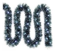 Dingion 16.4 ft Christmas Tinsel Garland with 50 LED Lights 4-Layer Thick Lighted Garland Decor Pre Lit Battery Operated Christmas Decorations for Xmas Winter Home Mantel Stair Doorway