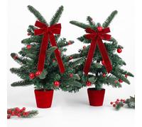 Dingion 2 Pcs Mini Christmas Tree with Bow Artificial Realistic Tabletop Potted Christmas Tree with Berries and Big Velvet Bow for Xmas Table Decorations Indoor Home