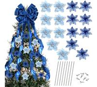 Dingion 48" x 13" Big Christmas Tree Topper Large Velvet Bow with Long Streamers Christmas Tree Ornaments with 8 Pcs 5.5 Inch Artificial Poinsettia Flowers Decorations for Xmas Decor(Royal Blue)
