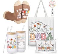 Dingion 5 Pcs Bcba Behavior Analyst Special Education Teacher Behavior Therapist Appreciation Gifts Include Tote Bag Cosmetic Bag Glass Cup Badge Holder Socks for Bcba Passed Exam Gift